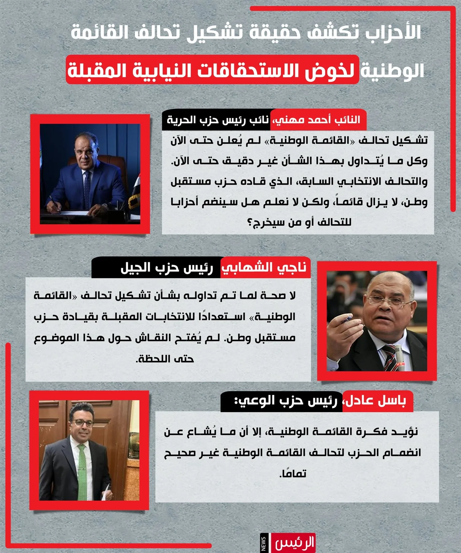 الأحزاب توضح تفاصيل إنشاء تحالف القائمة الوطنية لخوض الانتخابات النيابية القادمة.