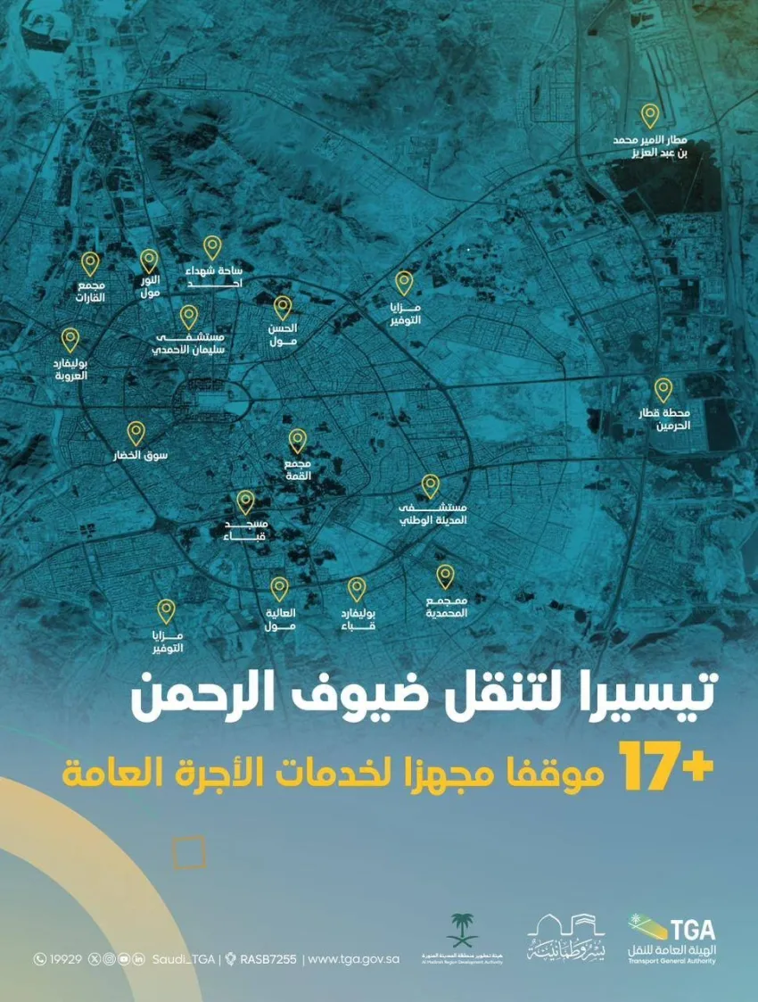 هيئة النقل تعدّ أكثر من 17 موقعًا في المدينة المنورة لتقديم خدمات الأجرة العامة. هيئة النقل تعدّ أكثر من 17 موقعًا في المدينة المنورة لتقديم خدمات الأجرة العامة.