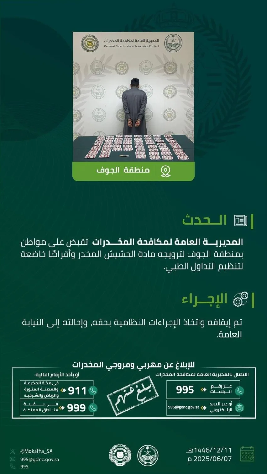 مكافحة المخدرات في الجوف تقبض على مواطن بتهمة ترويج الحشيش والأقراص الطبية المنظمة. مكافحة المخدرات في الجوف تقبض على مواطن بتهمة ترويج الحشيش والأقراص الطبية المنظمة.