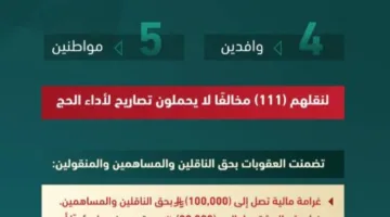 الداخلية: إجراءات إدارية ضد (9) مخالفين لأنظمة الحج لنقلهم (111) مخالفًا