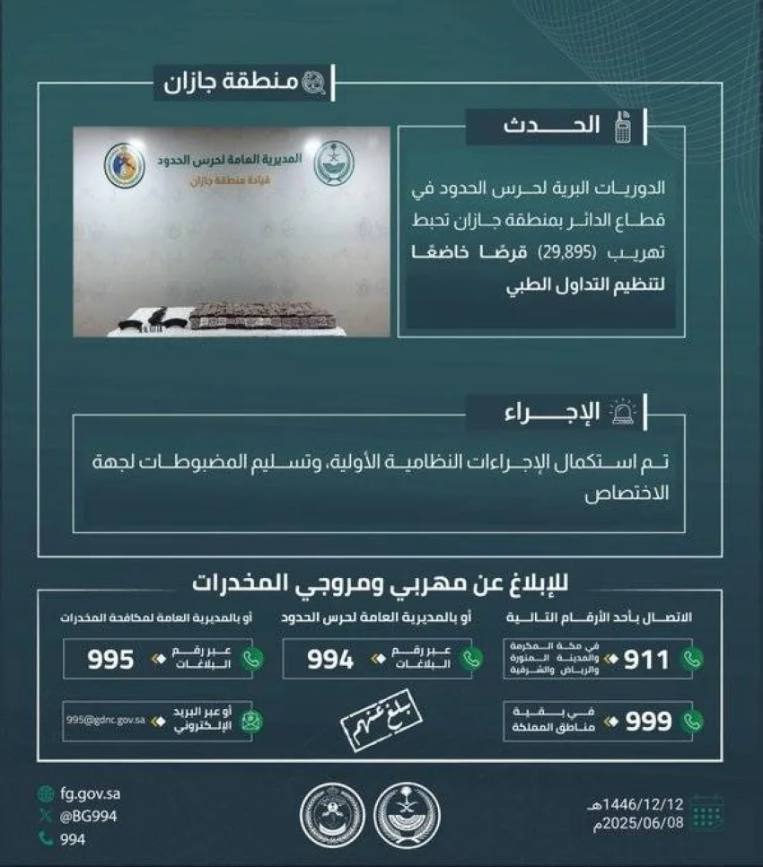 إحباط محاولة تهريب (29895) حبة مخدر في الدائر إحباط محاولة تهريب (29895) حبة مخدر في الدائر