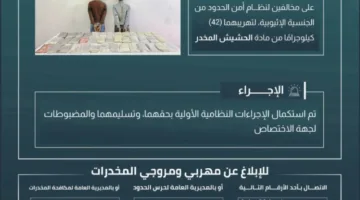 إيقاف مهربين بحوزتهما (42) كيلوغرامًا من الحشيش في العارضة