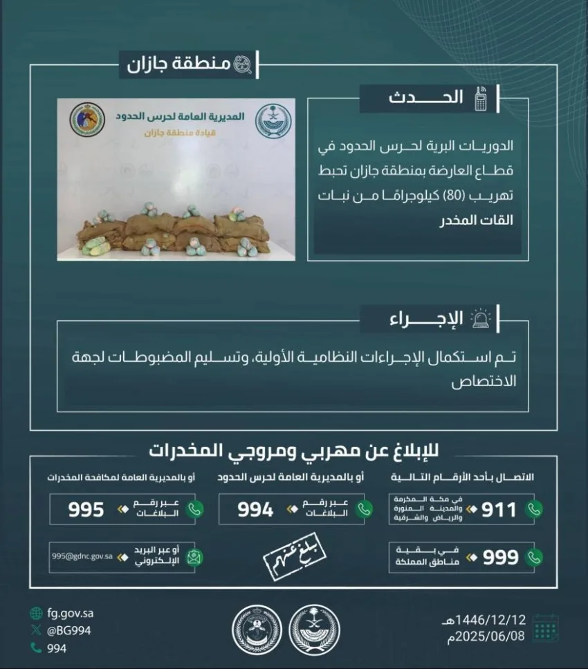 إحباط محاولة تهريب 80 كيلوغرامًا من القات المخدر في العارضة إحباط محاولة تهريب 80 كيلوغرامًا من القات المخدر في العارضة