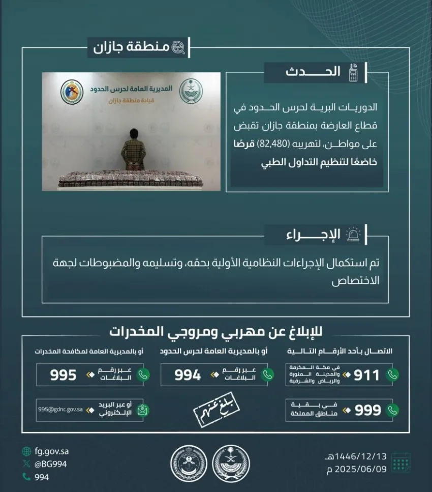 إلقاء القبض على شخص قام بتهريب (82480) قرصًا مخدرًا في العارضة إلقاء القبض على شخص قام بتهريب (82480) قرصًا مخدرًا في العارضة