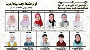 البوابة الإلكترونية للأزهر: قائمة الأوائل في الشهادتين الابتدائية والإعدادية الأزهرية ببورسعيد.