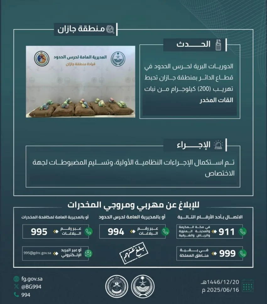 حرس الحدود في جازان ينجح في إحباط تهريب 200 كيلوغرام من نبات القات المخدر