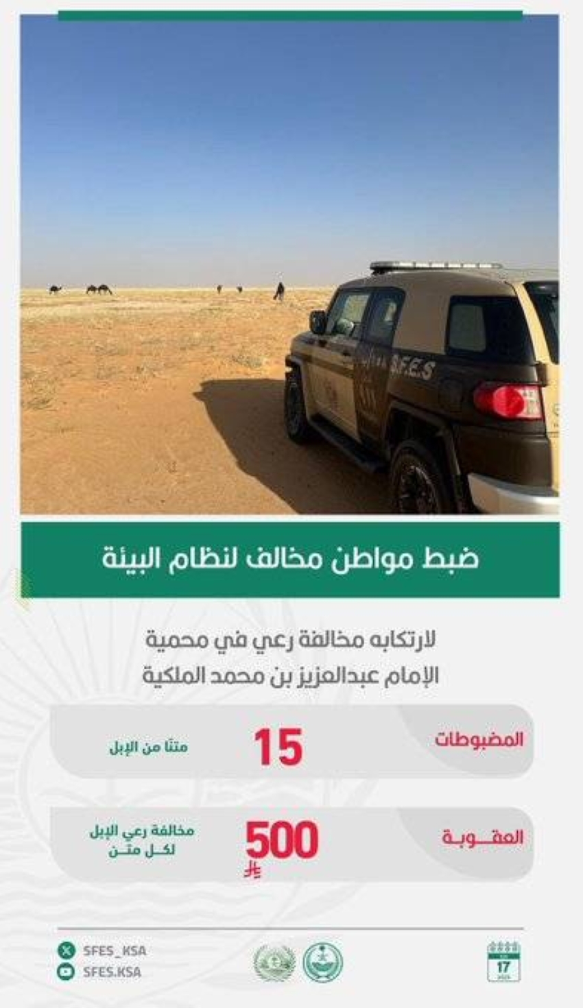 الجهات البيئية تلاحق شخصًا للاشتباه في انتهاكه لقواعد الرعي في محمية الإمام عبدالعزيز الجهات البيئية تلاحق شخصًا للاشتباه في انتهاكه لقواعد الرعي في محمية الإمام عبدالعزيز