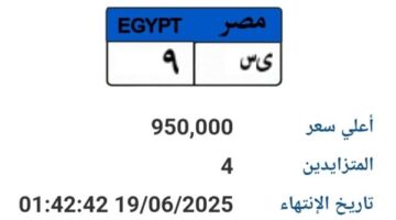 مزاد على لوحة سيارة فريدة بسعر 950 ألف جنيه: ‘ى س- 9’