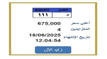 ارتفاع سعرها فوق 600 ألف جنيه.. المهلة لتقديم العروض على لوحة سيارة فريدة تنتهي خلال ساعات