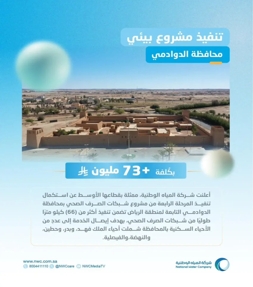 المياه الوطنية تبدأ مشروع شبكات الصرف الصحي في محافظة الدوادمي بتكلفة تتجاوز 73 مليون ريال