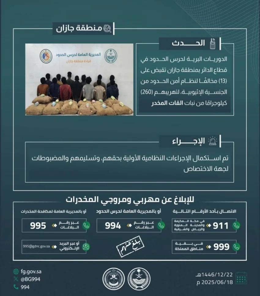 إلقاء القبض على 13 شخصًا بتهمة تهريب 260 كيلوغرامًا من نبات القات في جازان