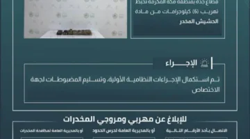 حرس الحدود في منطقة مكة ينجح في إحباط محاولة تهريب 6 كيلوجرامات من الحشيش المخدر