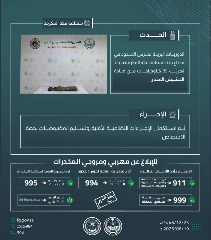 حرس الحدود في منطقة مكة ينجح في إحباط محاولة تهريب 6 كيلوجرامات من الحشيش المخدر حرس الحدود في منطقة مكة ينجح في إحباط محاولة تهريب 6 كيلوجرامات من الحشيش المخدر