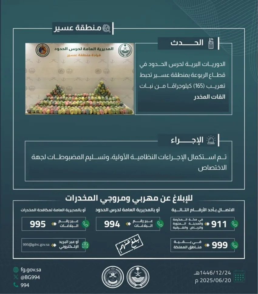 إحباط عملية تهريب 165 كيلوغراماً من القات في الربوعة إحباط عملية تهريب 165 كيلوغراماً من القات في الربوعة