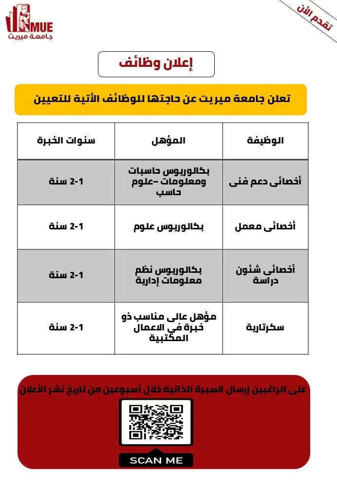 جامعة ميريت تعلن عن توفر وظائف شاغرة جديدة.. إليكم التفاصيل الكاملة جامعة ميريت تعلن عن توفر وظائف شاغرة جديدة.. إليكم التفاصيل الكاملة