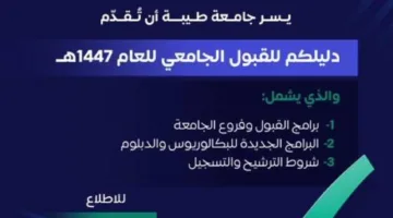جامعة طيبة تكشف عن طرح 8 تخصصات جديدة في برامج القبول للسنة الجامعية 1447هـ