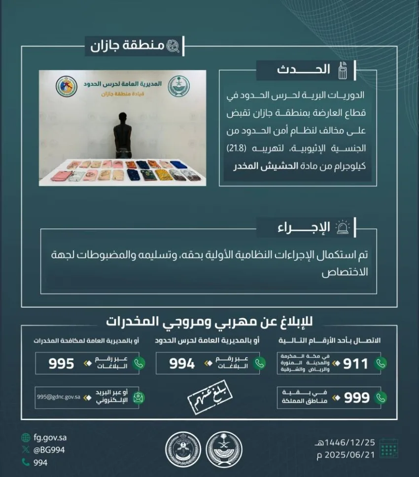 إلقاء القبض على مخالف قام بتهريب (21.8) كجم من المخدرات في العارضة إلقاء القبض على مخالف قام بتهريب (21.8) كجم من المخدرات في العارضة