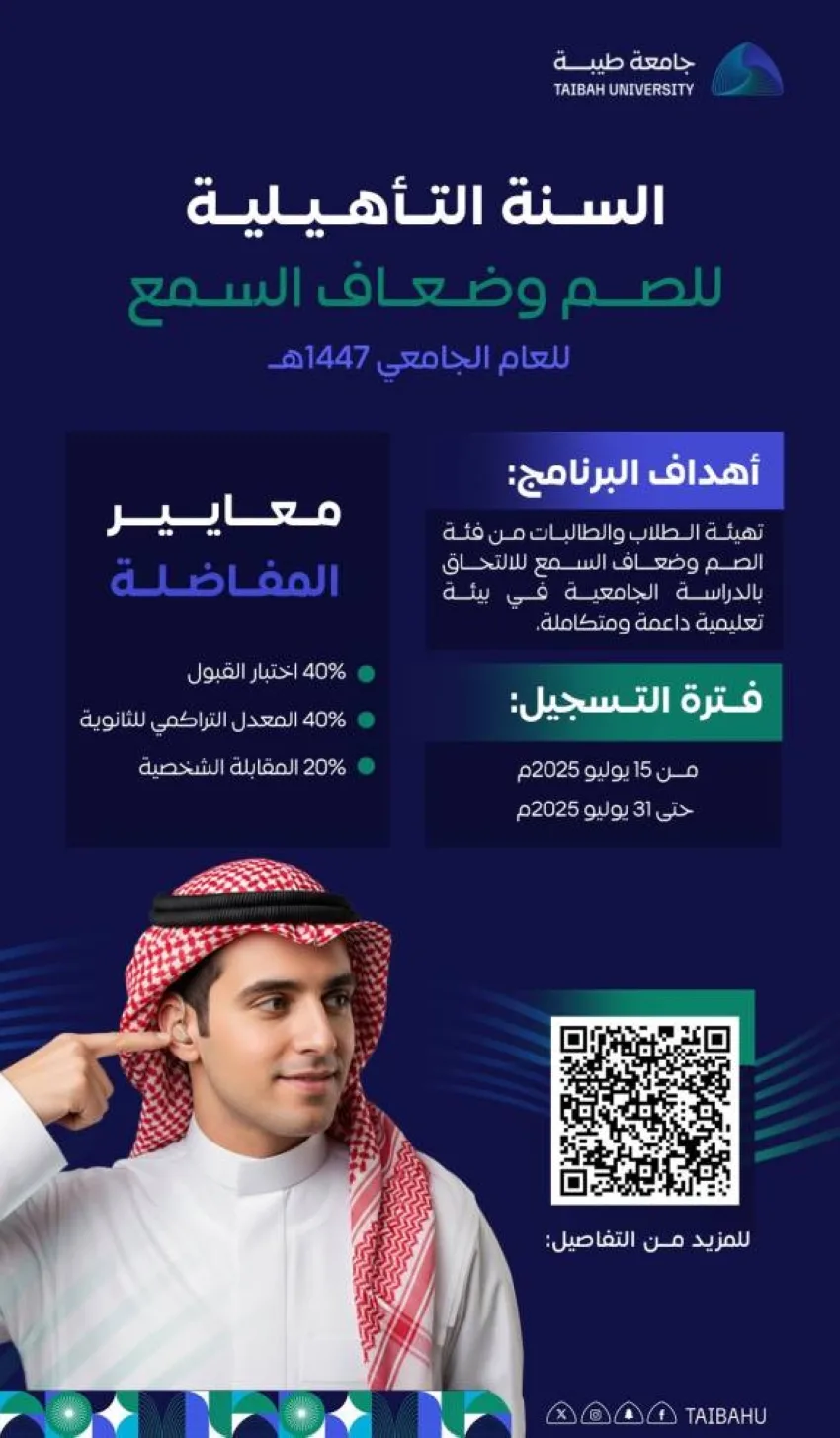 جامعة طيبة: انطلاق التسجيل للسنة التحضيرية للصم وضعاف السمع جامعة طيبة: انطلاق التسجيل للسنة التحضيرية للصم وضعاف السمع