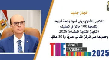 الدكتور المنشاوي يبارك عائلة جامعة أسيوط لتقدمها 100 مرتبة عالميًا في تصنيف التايمز 2025 وحصولها على المركز الثاني محليًا في التنمية المستدامة.