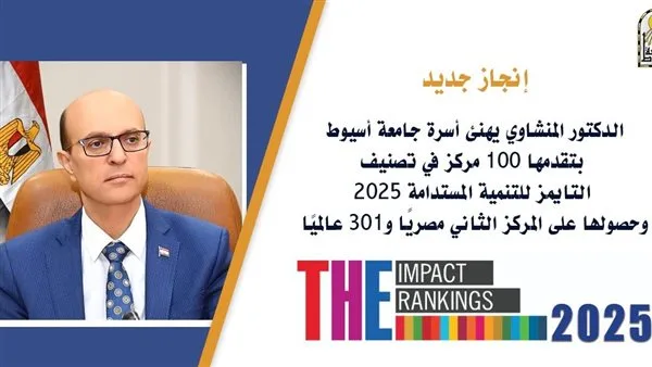 الدكتور المنشاوي يبارك عائلة جامعة أسيوط لتقدمها 100 مرتبة عالميًا في تصنيف التايمز 2025 وحصولها على المركز الثاني محليًا في التنمية المستدامة.