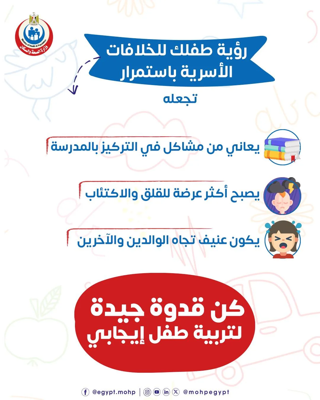 وزارة الصحة تنبه: مشاهدة الطفل للخلافات الأسرية تؤثر سلبًا على صحته النفسية والسلوكيات. وزارة الصحة تنبه: مشاهدة الطفل للخلافات الأسرية تؤثر سلبًا على صحته النفسية والسلوكيات.