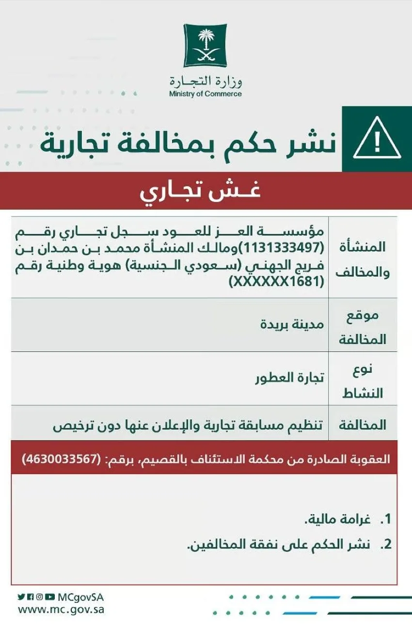 وزارة التجارة تلاحق صاحب منشأة تجارية أقام مسابقة بدون ترخيص