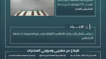 حرس الحدود في جازان يقبض على مهربين ويحجز 17 كيلوغرامًا من مادة الحشيش المخدر.