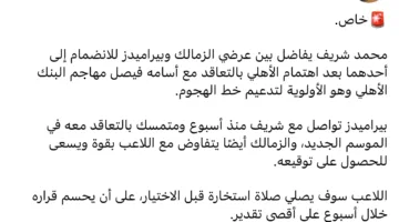 محمد شريف يختار بين عروض الزمالك وبيراميدز بعد قرب الأهلي من التعاقد مع أسامة فيصل.
