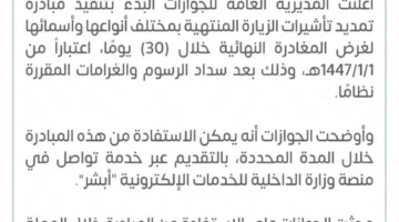 الجوازات تبدأ تنفيذ برنامج تمديد تأشيرات الزيارة المنتهية لمغادرة نهائية خلال 30 يومًا.