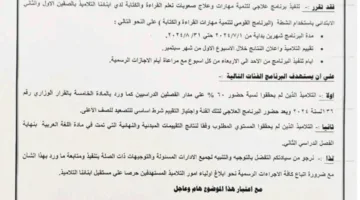 جدول بدء تنفيذ البرنامج العلاجي لمواجهة صعوبات تعلم القراءة والكتابة