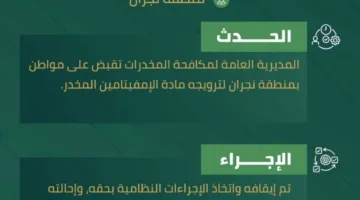 قوات مكافحة المخدرات تعتقل شخصًا في نجران بتهمة ترويج مادة الإمفيتامين المخدرة.