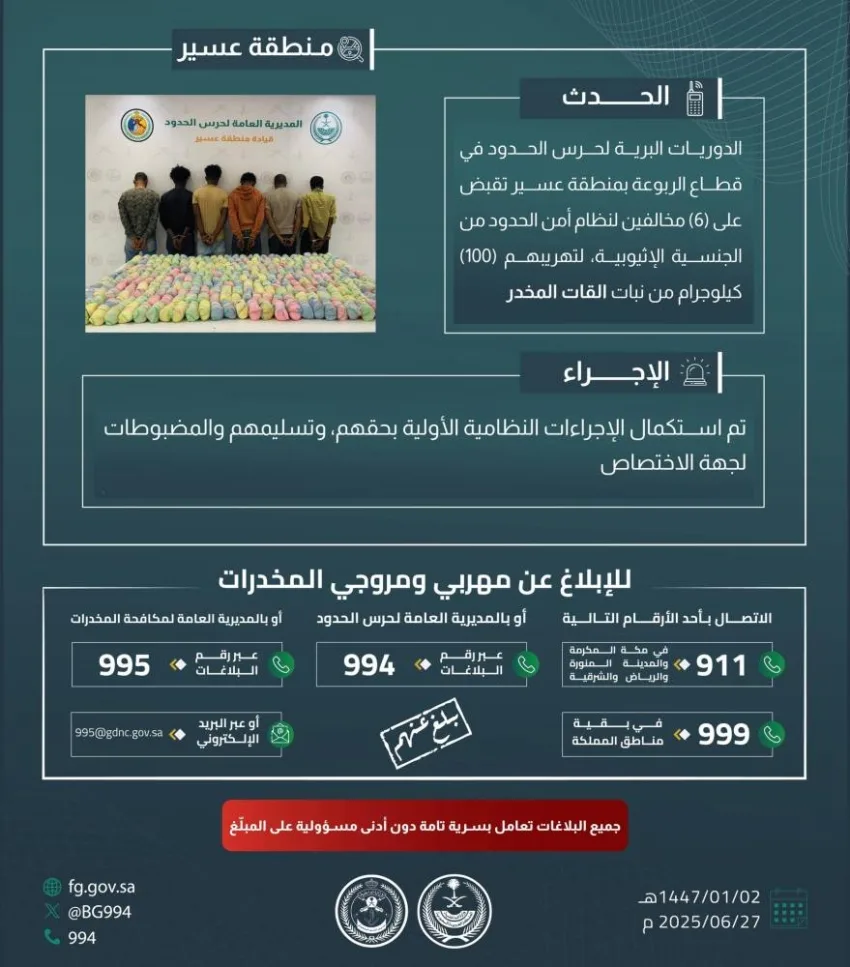 حرس الحدود في عسير يضبط ستة مهربين بحوزتهم 100 كيلوغرام من نبات القات.