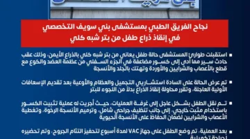 وزارة الصحة: الفريق الطبي بمستشفى بني سويف التخصصي ينجح في إنقاذ ذراع طفل من البتر شبه الكامل بعد حادث سير.