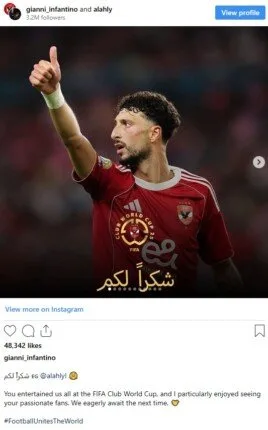 «تشرفنا بوجودكم».. رئيس الفيفا يوجه كلمة للنادي الأهلي بعد انتهاء مشاركته في كأس العالم للأندية