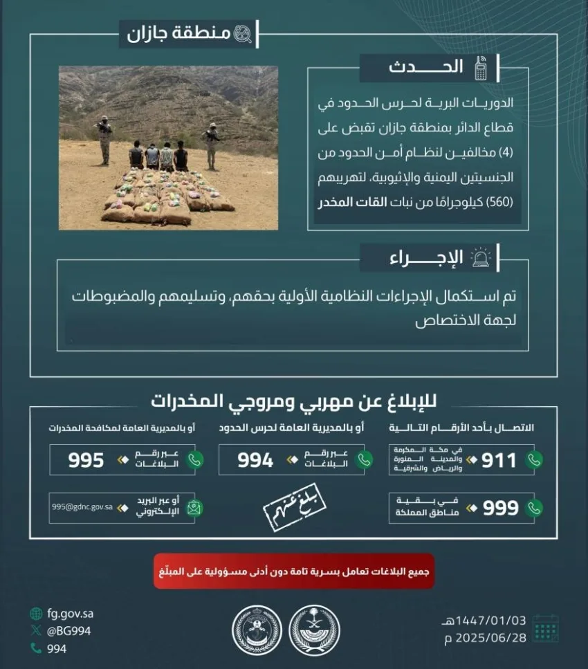 حرس الحدود في جازان يعتقل أربعة أشخاص بتهمة تهريب 560 كيلوغرامًا من مخدر القات
