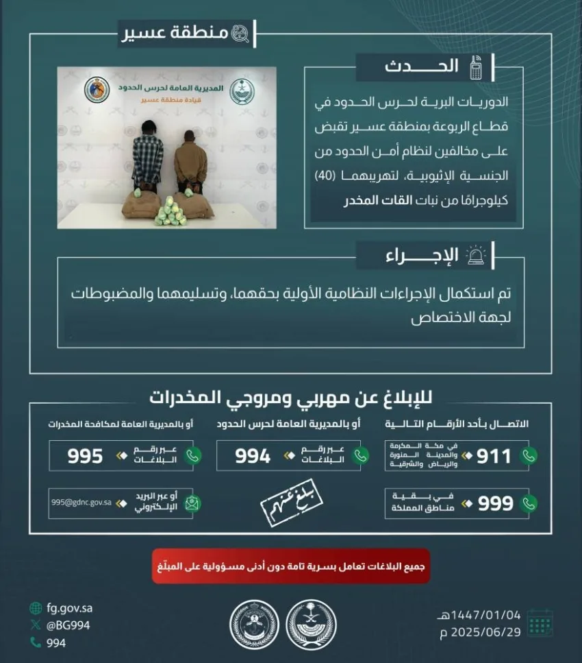 حرس الحدود في عسير يتصدى لمخالفي نظام الأمن بضبطهما وهما يحاولان تهريب 40 كيلوغرامًا من نبتة القات المخدرة.