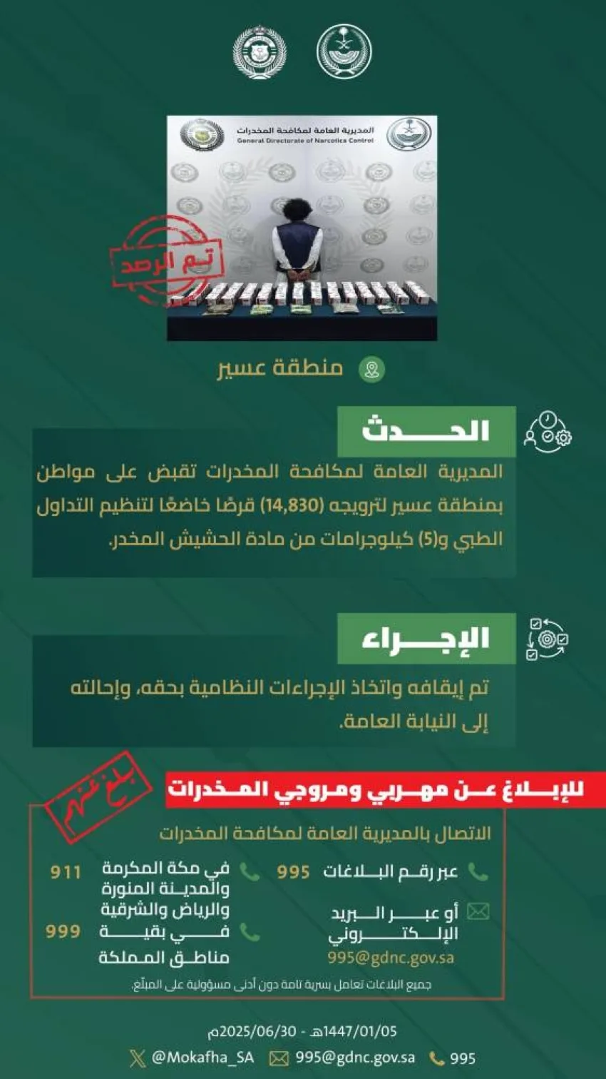 ضبط شخص في عسير بتهمة ترويج 14,830 قرصًا خاضعًا لرقابة تداول الأدوية