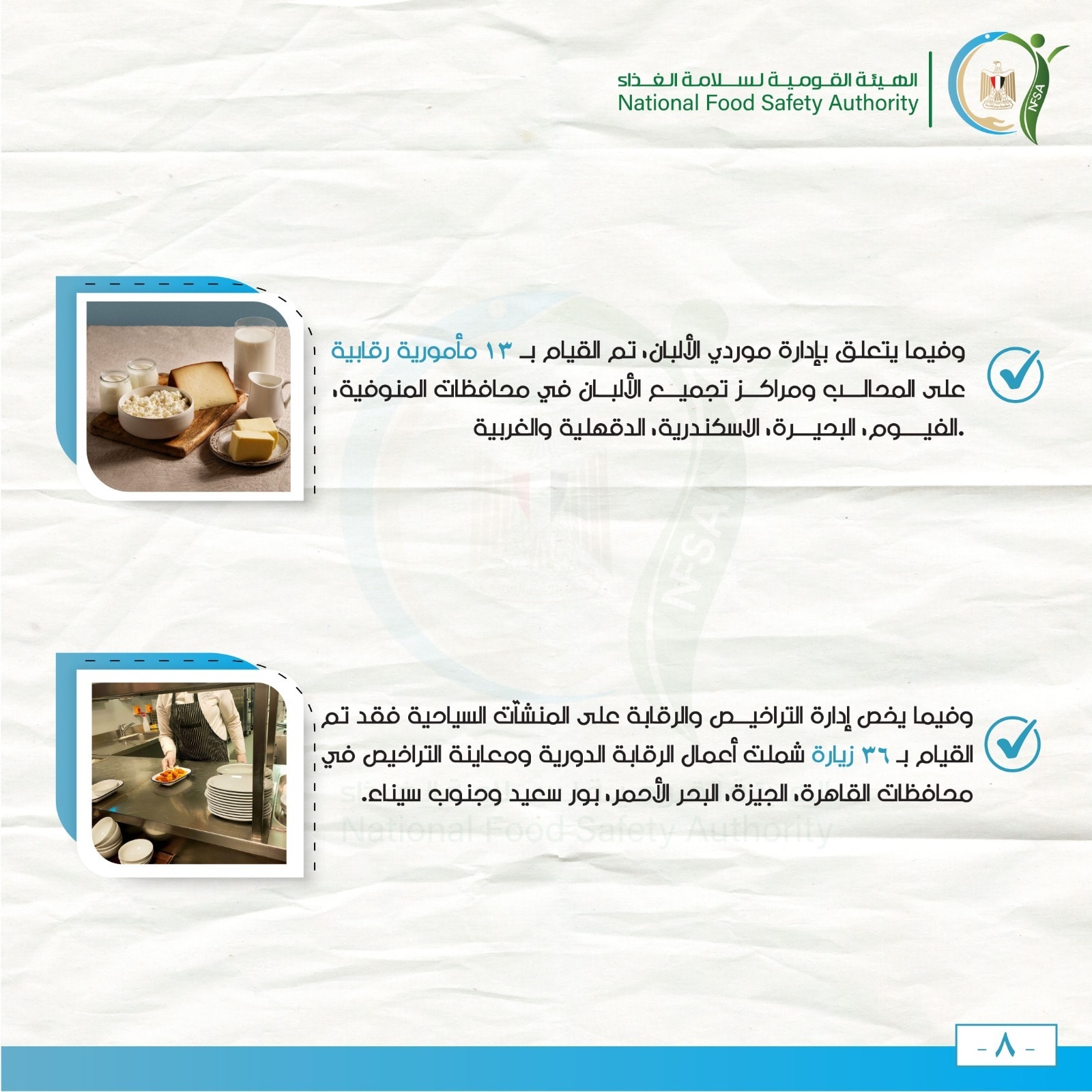 قد تكون صورة ‏تحتوي على النص '‏الهينة لس لقوميه لهيافوميالساالغف_ذs لامة ذاء Authority Safety Food National وفيما يتعلق بإدارة موردي الألبان، تم القيام بـ ١٣ مأمورية رقابية على المحالب ومراكز تجميع الألبان في محافظات المنوفية لف وم الفيوم البحلم البحرة الاسكندرية الدقهلية والغربية وفيما يخص إدارة التراخيص والرقابة على المنشآت السياحية فقد ,تم القيام 1 6۰ زيارة شملت أعمال الرقابة الدورية ومعاينة التراخيص في محافظات القاهرة الجيزة، البحر الأحمر بور سعيد وجنوب سيناء.‏'‏