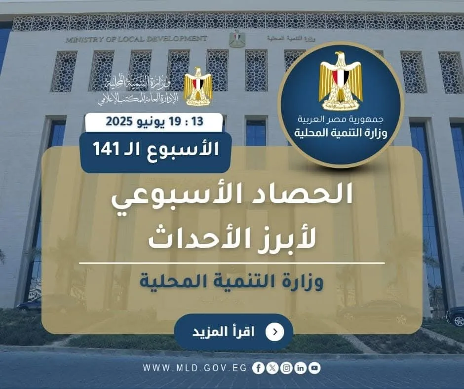 نشرة التقرير الأسبوعي لمتابعة أنشطة وزارة التنمية المحلية خلال الفترة من 13 إلى 19 يونيو 2025. نشرة التقرير الأسبوعي لمتابعة أنشطة وزارة التنمية المحلية خلال الفترة من 13 إلى 19 يونيو 2025.
