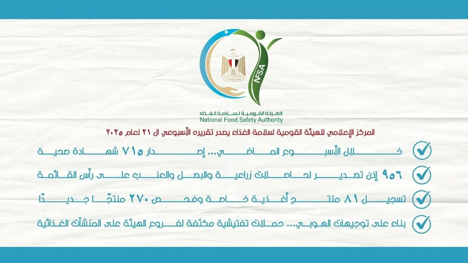 المركز الإعلامي للهيئة القومية لسلامة الغذاء ينشر تقريره الأسبوعي الحادي والعشرين لعام 2025 المركز الإعلامي للهيئة القومية لسلامة الغذاء ينشر تقريره الأسبوعي الحادي والعشرين لعام 2025