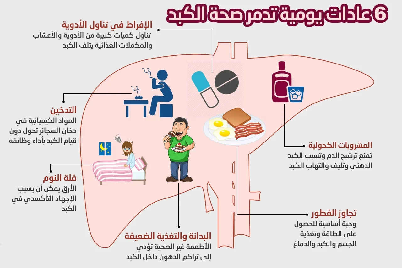 عادات يومية تؤذي الكبد تدريجياً وتضر بصحة الإنسان عادات يومية تؤذي الكبد تدريجياً وتضر بصحة الإنسان