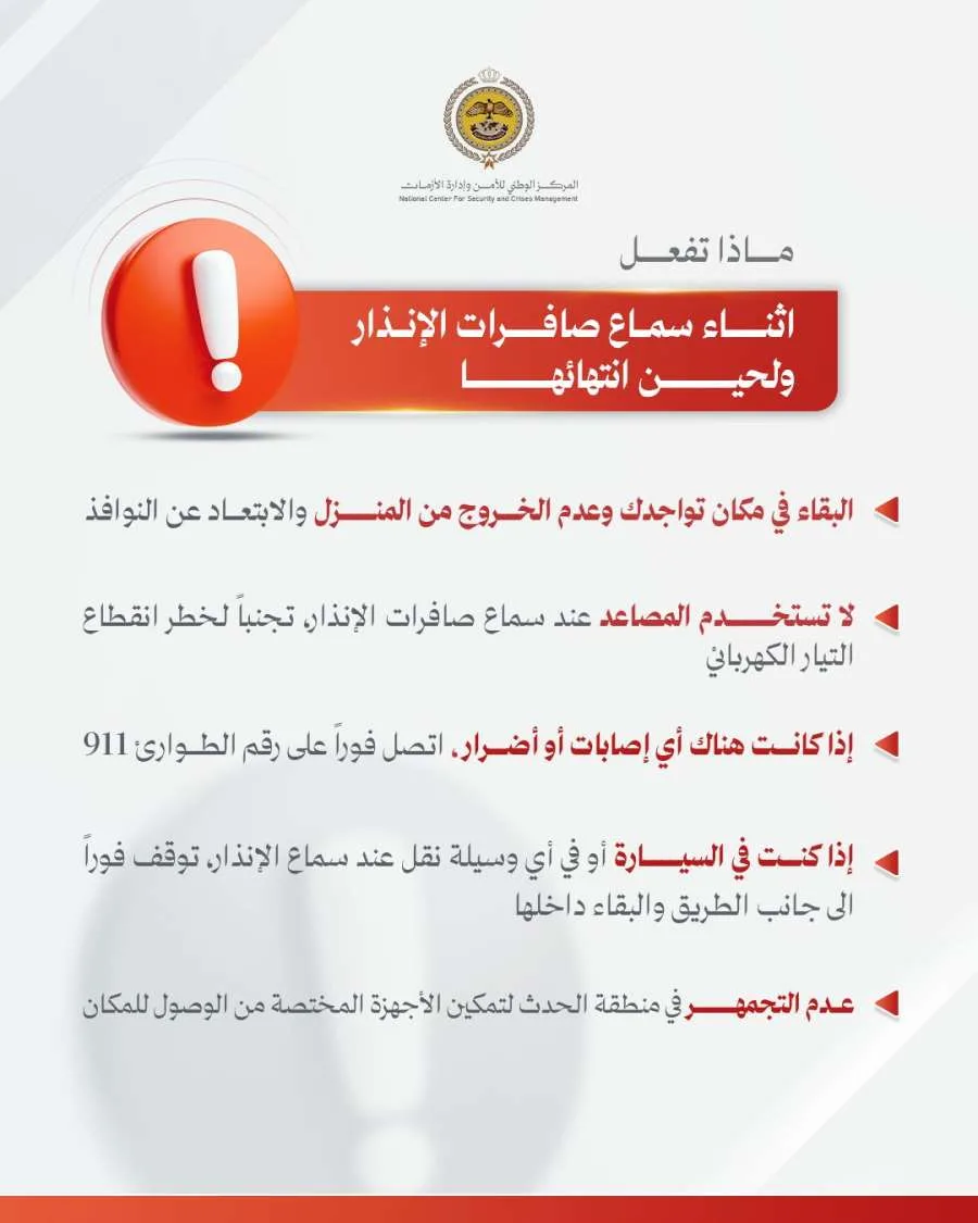 ماذا ينبغي عليك فعله خلال سماع صافرات الإنذار وحتى توقفها؟ ماذا ينبغي عليك فعله خلال سماع صافرات الإنذار وحتى توقفها؟