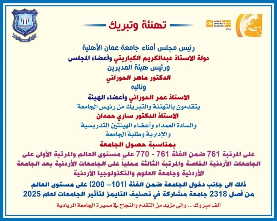 مجلس الأمناء والإدارة في جامعة عمان الأهلية يهنئون رئيس الجامعة والأسرة الجامعية على الإنجازات المتميزة في التصنيفات العالمية مجلس الأمناء والإدارة في جامعة عمان الأهلية يهنئون رئيس الجامعة والأسرة الجامعية على الإنجازات المتميزة في التصنيفات العالمية