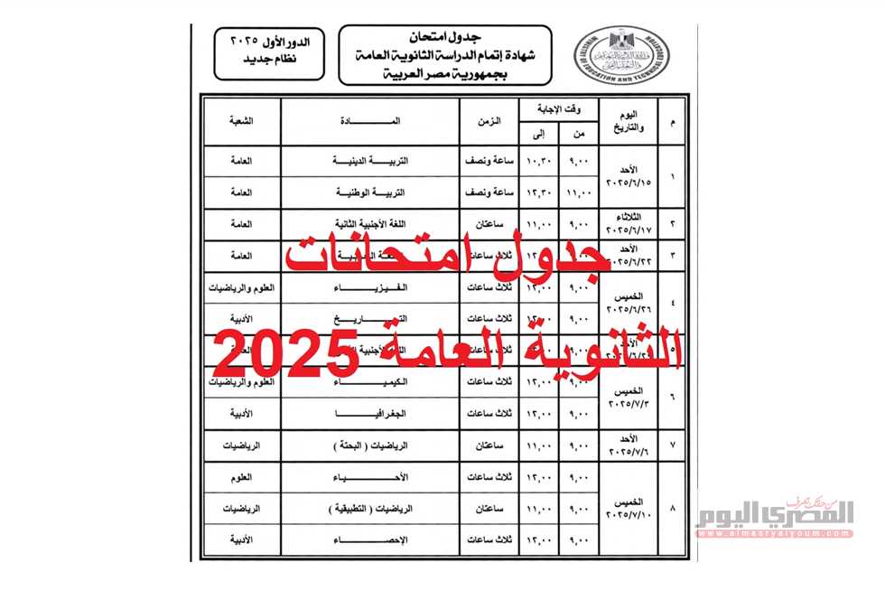الجدول الكامل لامتحانات الثانوية العامة 2025 للأقسام العلمية والأدبية بصيغة «pdf» قبل اللغة العربية الجدول الكامل لامتحانات الثانوية العامة 2025 للأقسام العلمية والأدبية بصيغة «pdf» قبل اللغة العربية