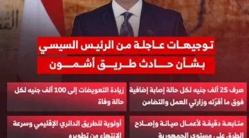 الرئيس السيسي يطلب رفع تعويضات حادث أشمون ومتابعة أعمال صيانة الطريق الإقليمي
