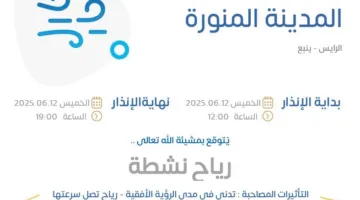 بالإنفوجرافيك… توقعات الطقس اليوم في المدينة المنورة: تنبيه أصفر في الرايس وينبع