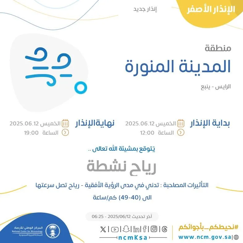 بالإنفوجرافيك… توقعات الطقس اليوم في المدينة المنورة: تنبيه أصفر في الرايس وينبع بالإنفوجرافيك… توقعات الطقس اليوم في المدينة المنورة: تنبيه أصفر في الرايس وينبع