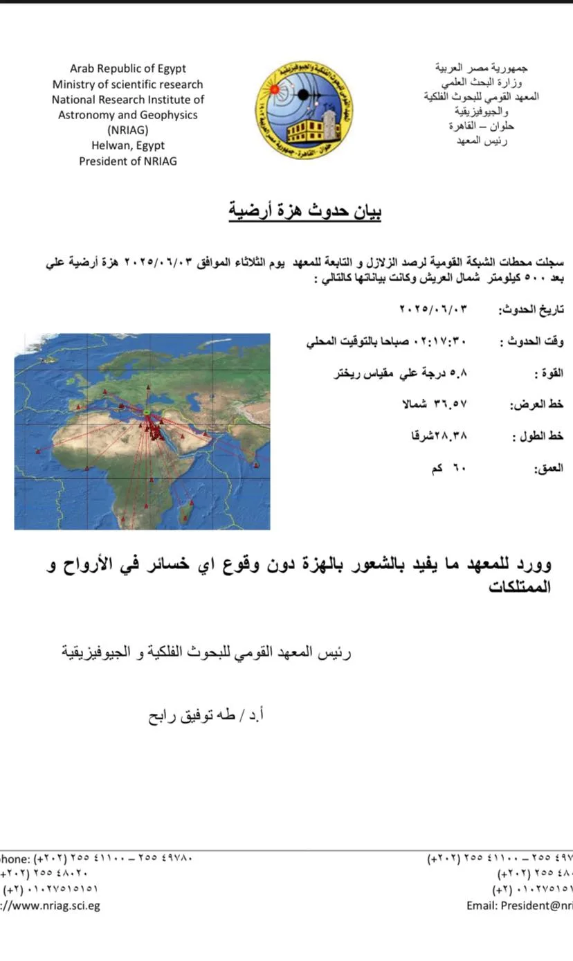 على بعد 500 كيلومتر شمال العريش: زلزال بقوة 5.8 درجة يضرب شمال تركيا على بعد 500 كيلومتر شمال العريش: زلزال بقوة 5.8 درجة يضرب شمال تركيا