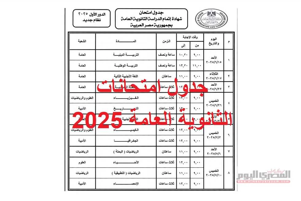 غدًا: امتحان اللغة الفرنسية – الجدول الكامل لاختبارات الثانوية العامة 2025 (علمي – علوم، رياضة، أدبي) بصيغة PDF غدًا: امتحان اللغة الفرنسية – الجدول الكامل لاختبارات الثانوية العامة 2025 (علمي – علوم، رياضة، أدبي) بصيغة PDF