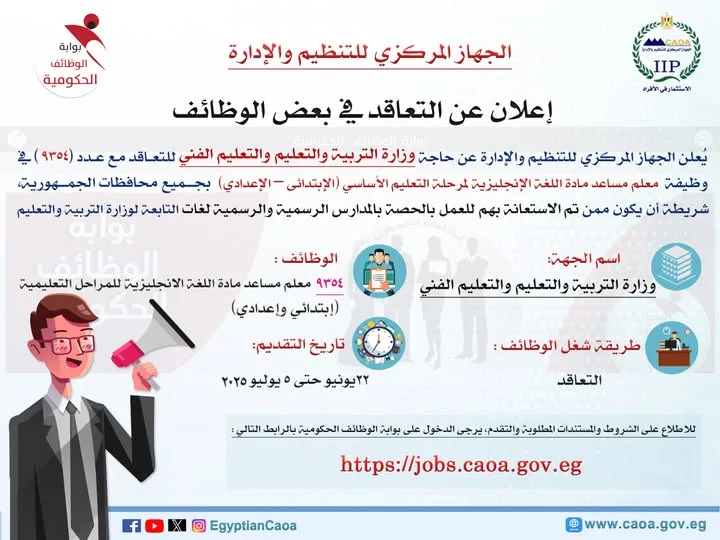 للاشتغال بالدوام الجزئي.. وزارة التنظيم والإدارة تعلن عن منافسة لتوظيف (9354) معلم مساعد لمادة “اللغة الإنجليزية”